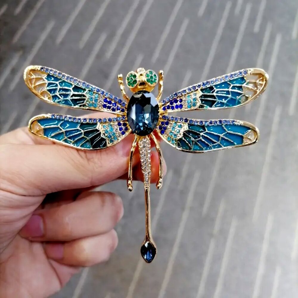 Beautiful Large Vintage Style Inlaid Rhinestone • Dragonfly Brooch